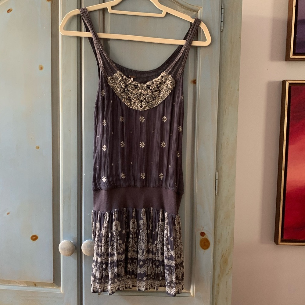 Free People Embroidered Silk Tank Mini Dress